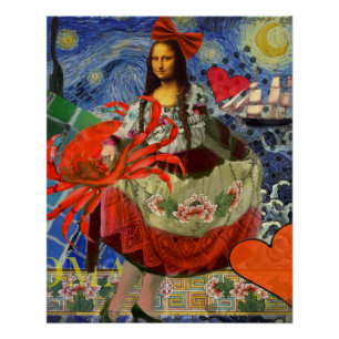 Mona Lisa Starry Night Collage: Whimsical Surreal  Poster