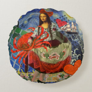 Mona Lisa Starry Night Collage: Whimsical Surreal Round Cushion