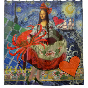 Mona Lisa Starry Night Collage: Whimsical Surreal Shower Curtain