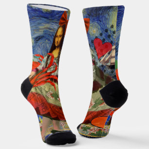 Mona Lisa Starry Night Collage: Whimsical Surreal Socks