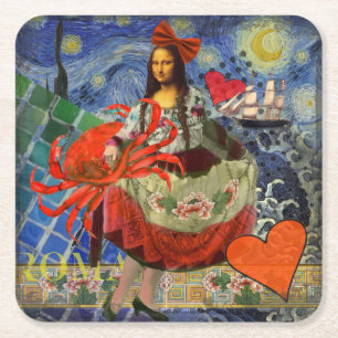 Mona Lisa Starry Night Collage: Whimsical Surreal Square Paper Coaster