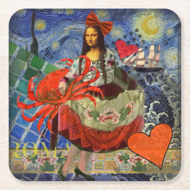 Mona Lisa Starry Night Collage: Whimsical Surreal  Square Paper Coaster (Front)