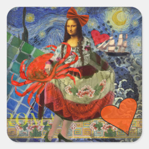 Mona Lisa Starry Night Collage: Whimsical Surreal Square Sticker