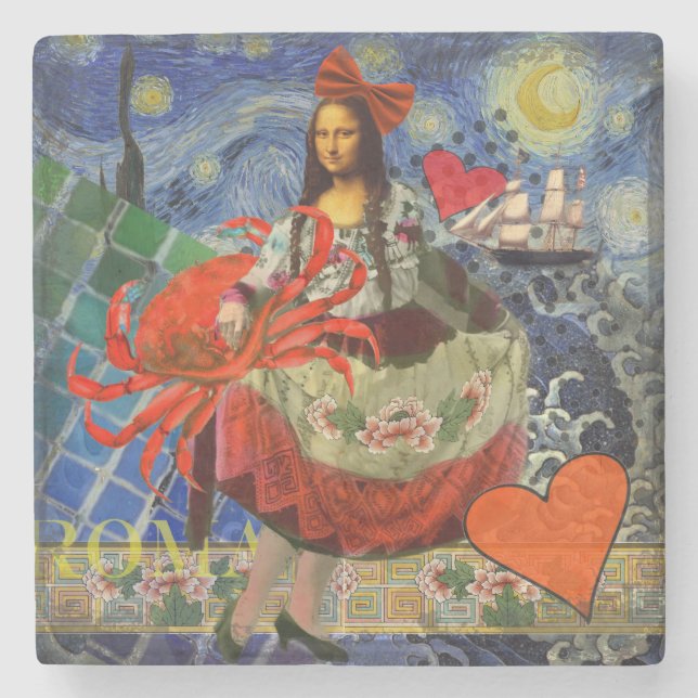 Mona Lisa Starry Night Collage: Whimsical Surreal  Stone Coaster (Front)