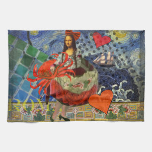 Mona Lisa Starry Night Collage: Whimsical Surreal Tea Towel