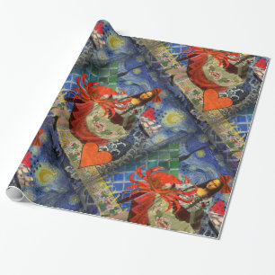 Mona Lisa Starry Night Collage: Whimsical Surreal Wrapping Paper