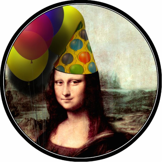 Mona Lisa Wearing Party Hat Standing Photo Sculpture (Front)