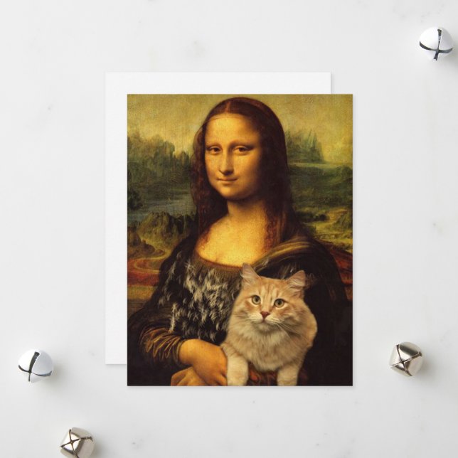 Mona Lisa with a cat (Cat fur) Cat pet lovers Holiday Card (Front/Back In Situ)