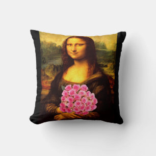 Mona Lisa With Bouquet Of Pink Roses Cushion