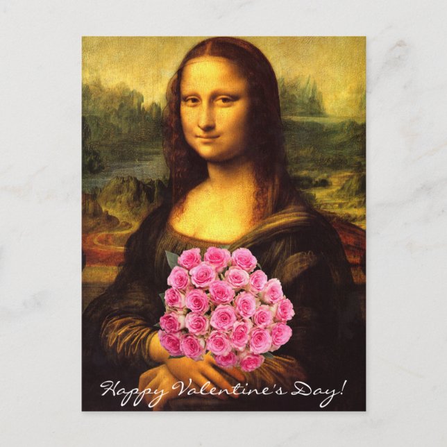 Mona Lisa With Bouquet Of Pink Roses Holiday Postcard (Front)