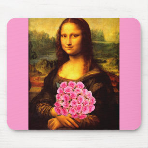 Mona Lisa With Bouquet Of Pink Roses Mouse Mat