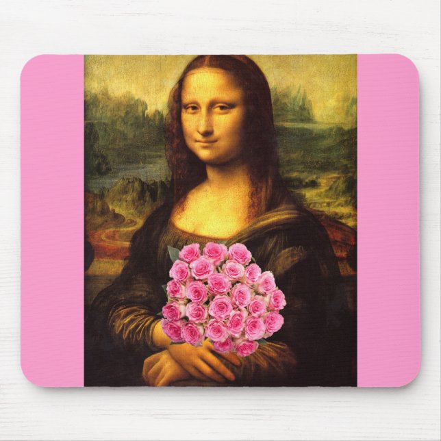 Mona Lisa With Bouquet Of Pink Roses Mouse Mat (Front)