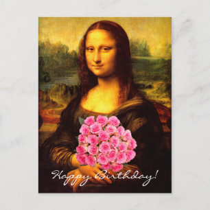 Mona Lisa With Bouquet Of Pink Roses Postcard