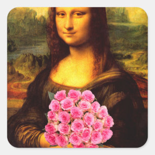 Mona Lisa With Bouquet Of Pink Roses Square Sticker