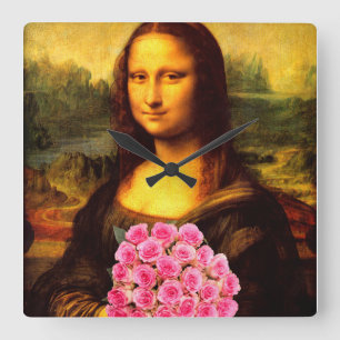 Mona Lisa With Bouquet Of Pink Roses Square Wall Clock