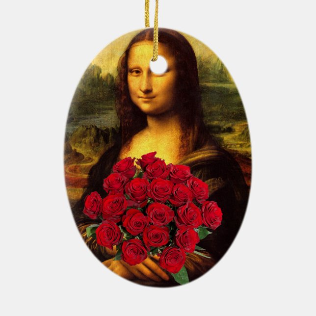 Mona Lisa With Bouquet Of Red Roses Ceramic Tree Decoration (Back)