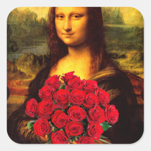 Mona Lisa With Bouquet Of Red Roses Square Sticker
