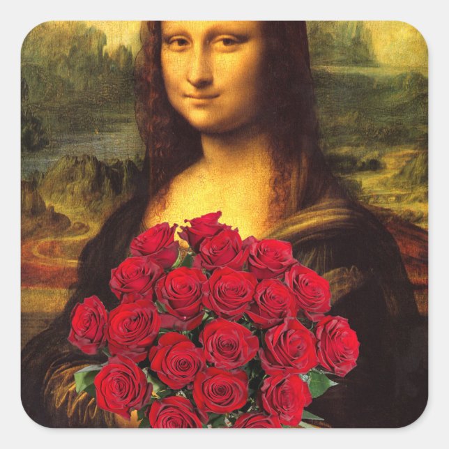 Mona Lisa With Bouquet Of Red Roses Square Sticker (Front)