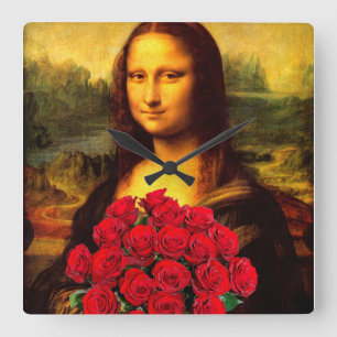 Mona Lisa With Bouquet Of Red Roses Square Wall Clock