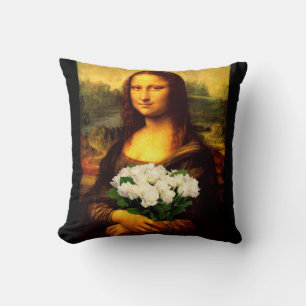 Mona Lisa With Bouquet Of White Roses Cushion