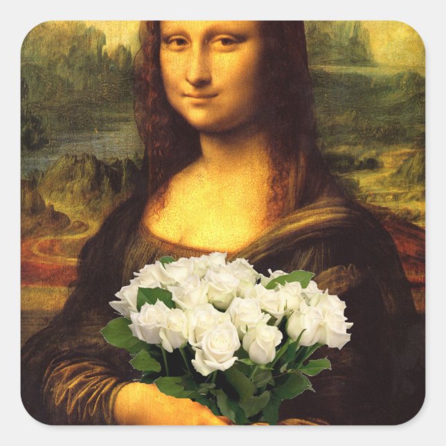 Mona Lisa With Bouquet Of White Roses Square Sticker (Front)