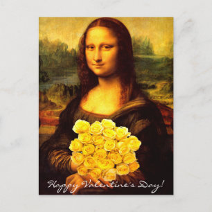 Mona Lisa With Bouquet Of Yellow Roses Holiday Postcard