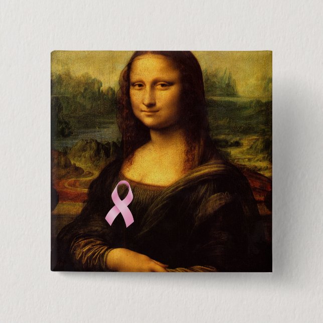 Mona Lisa With Pink Ribbon 15 Cm Square Badge (Front)