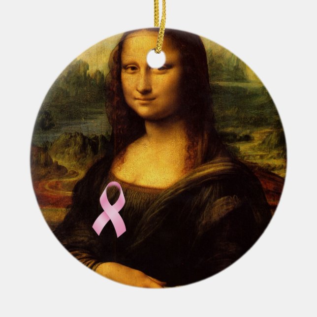Mona Lisa With Pink Ribbon Ceramic Tree Decoration (Front)