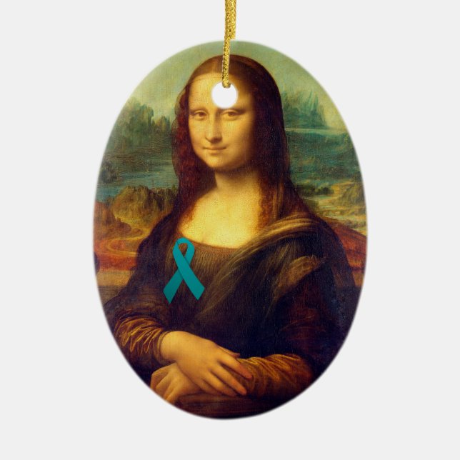 Mona Lisa With Teal Ribbon Ceramic Tree Decoration (Front)