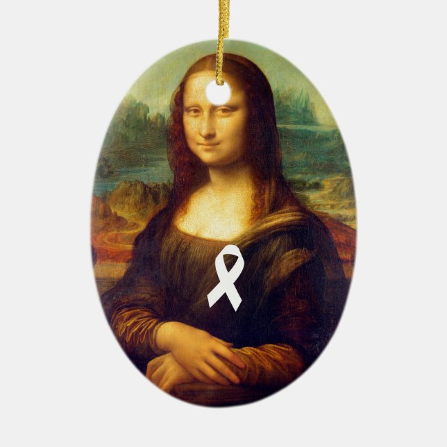 Mona Lisa With White Ribbon Ceramic Tree Decoration (Front)
