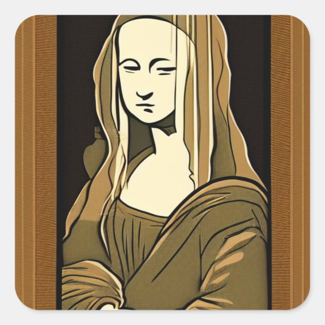 Mona Lisa Wood Carving Style Sepia Line Art Square Sticker (Front)