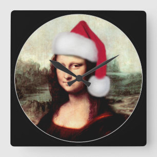 Mona Lisa's Christmas Santa Hat Square Wall Clock