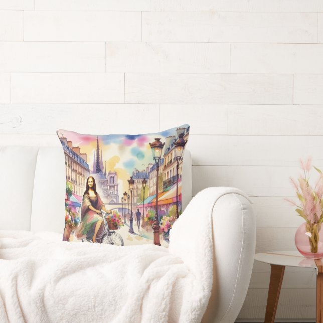 Mona with bicycle in Paris Throw Pillow (Couch)