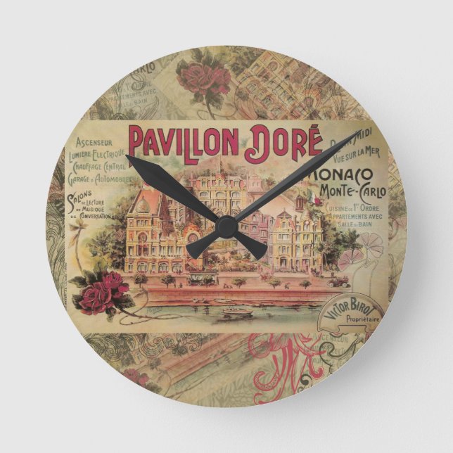 Monaco Fancy Vintage French Riviera France Round Clock (Front)