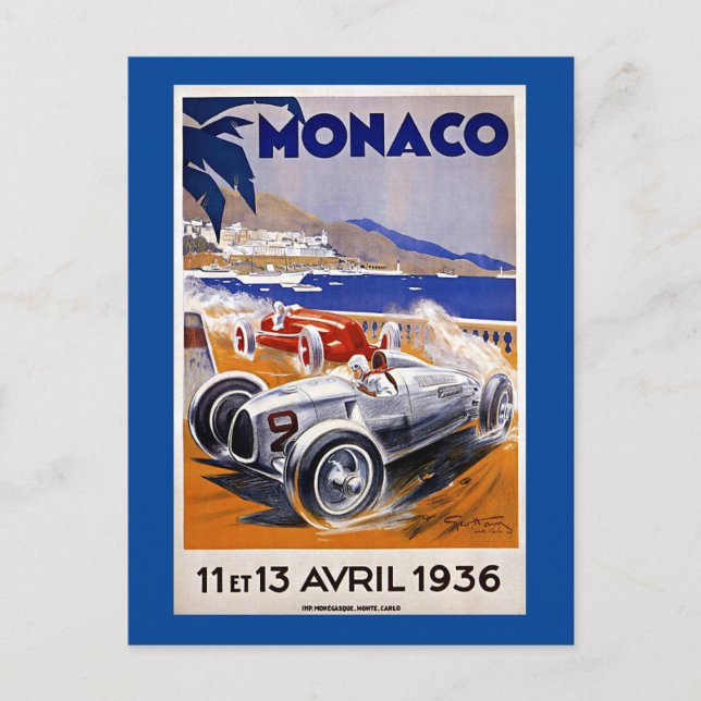 Monaco travel poster, 1936 auto race, postcard (Front)