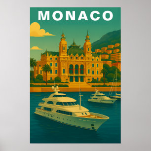 Monaco Vintage Mediterranean Harbor & Yacht Poster