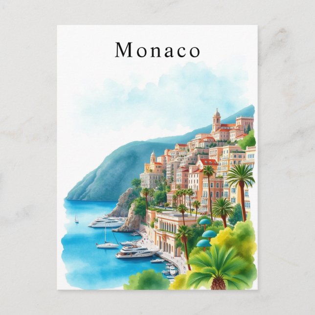 Monaco Watercolor Retro Travel Art Postcard (Front)
