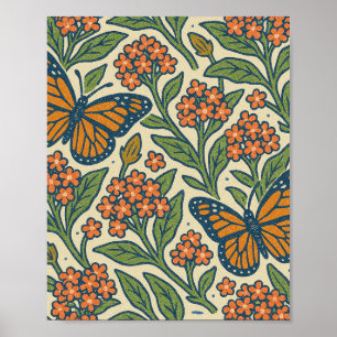 Monarch Butterflies and Milkweed Flowers Poster