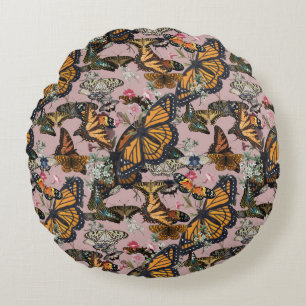 Monarch Butterflies & Floral Botanical Pattern Round Cushion