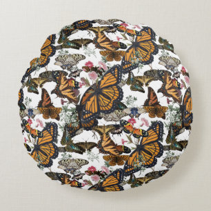 Monarch Butterflies & Floral Botanical Pattern Round Cushion