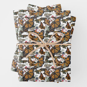 Monarch Butterflies & Floral Botanical Pattern Wrapping Paper Sheet