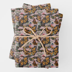 Monarch Butterflies & Floral Botanical Pattern Wrapping Paper Sheet