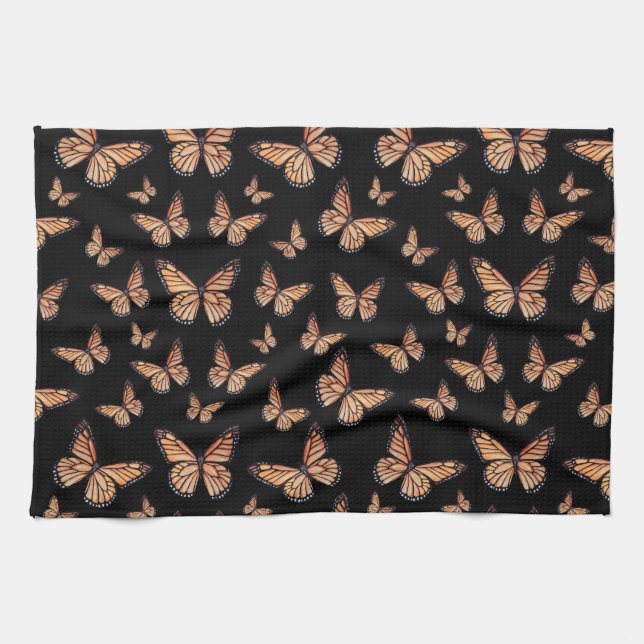 Monarch Butterflies on Black Tea Towel (Horizontal)