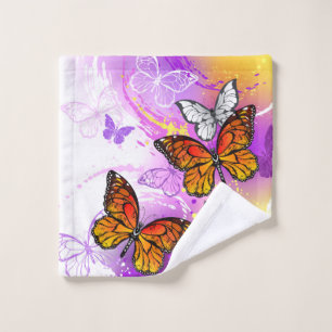 Monarch Butterflies on Purple Background Bath Towel Set