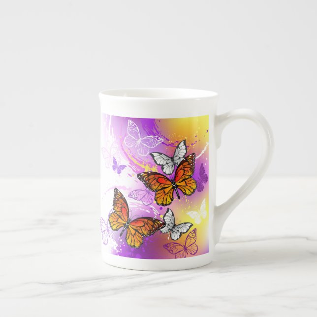 Monarch Butterflies on Purple Background Bone China Mug (Right)