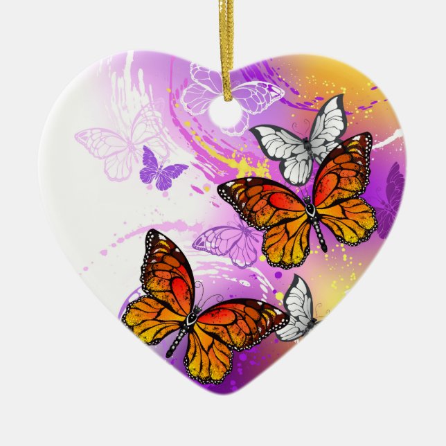 Monarch Butterflies on Purple Background Ceramic Tree Decoration (Front)