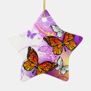 Monarch Butterflies on Purple Background Ceramic Tree Decoration