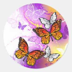 Monarch Butterflies on Purple Background Classic Round Sticker