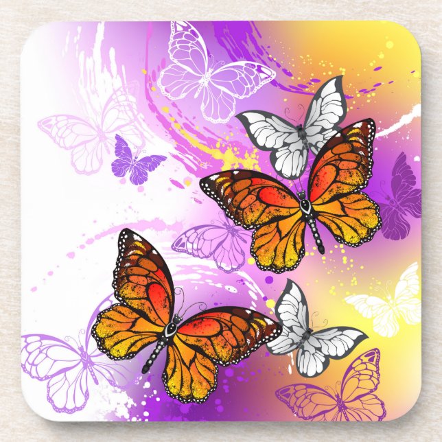 Monarch Butterflies on Purple Background Coaster (Front)