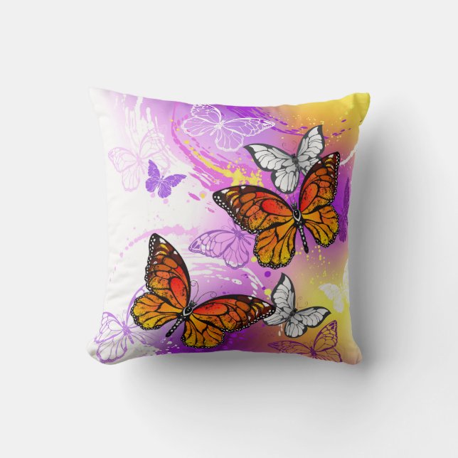 Monarch Butterflies on Purple Background Cushion (Front)